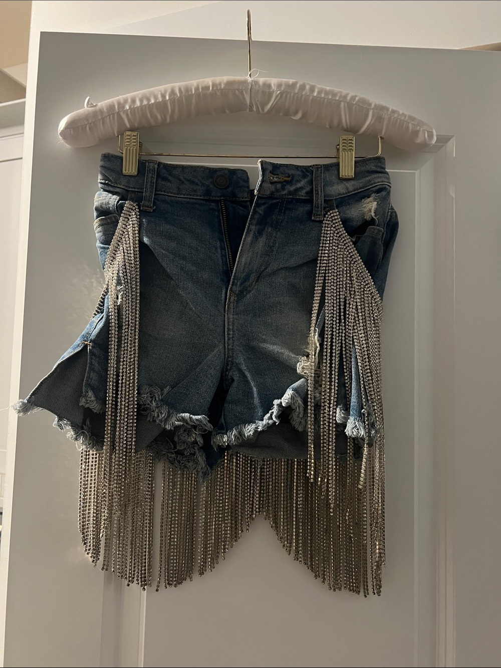 Rhinestone Fringe Denim Mini Skirt - Blue